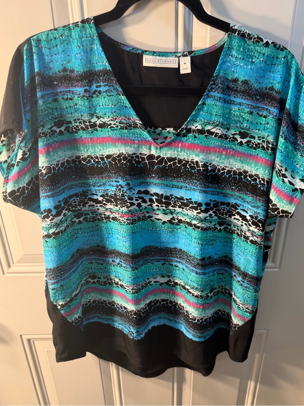 Dana Buchman Turquoise Multi-Stripe V-Neck Short Sleeve Top